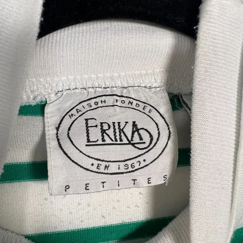Vintage Mock Neck Sweatshirt Erika Green White Striped Floral Cottagecore Sz SP - Picture 8 of 11